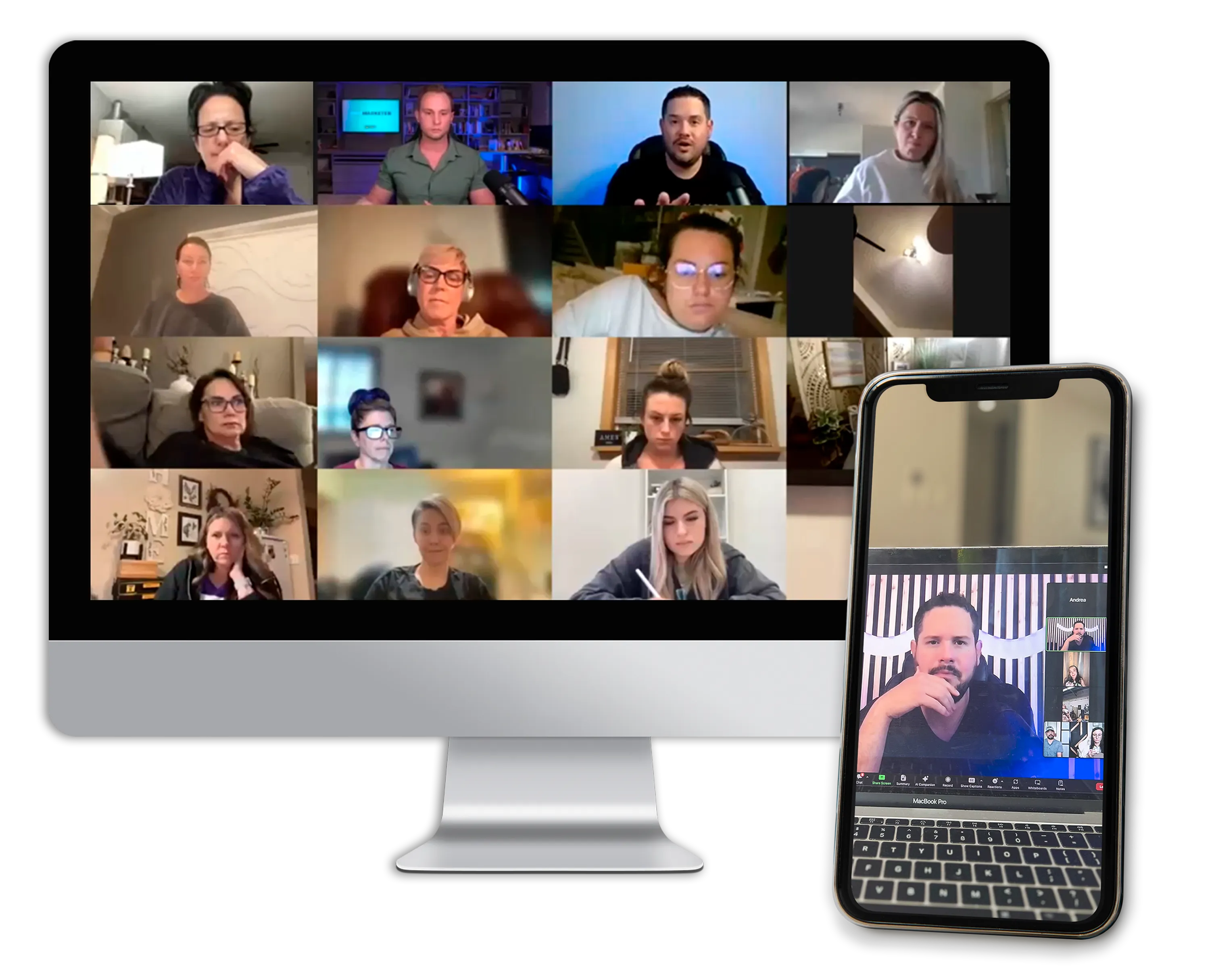 Jake and Tony on a video coaching call with a grid of beauty business owners