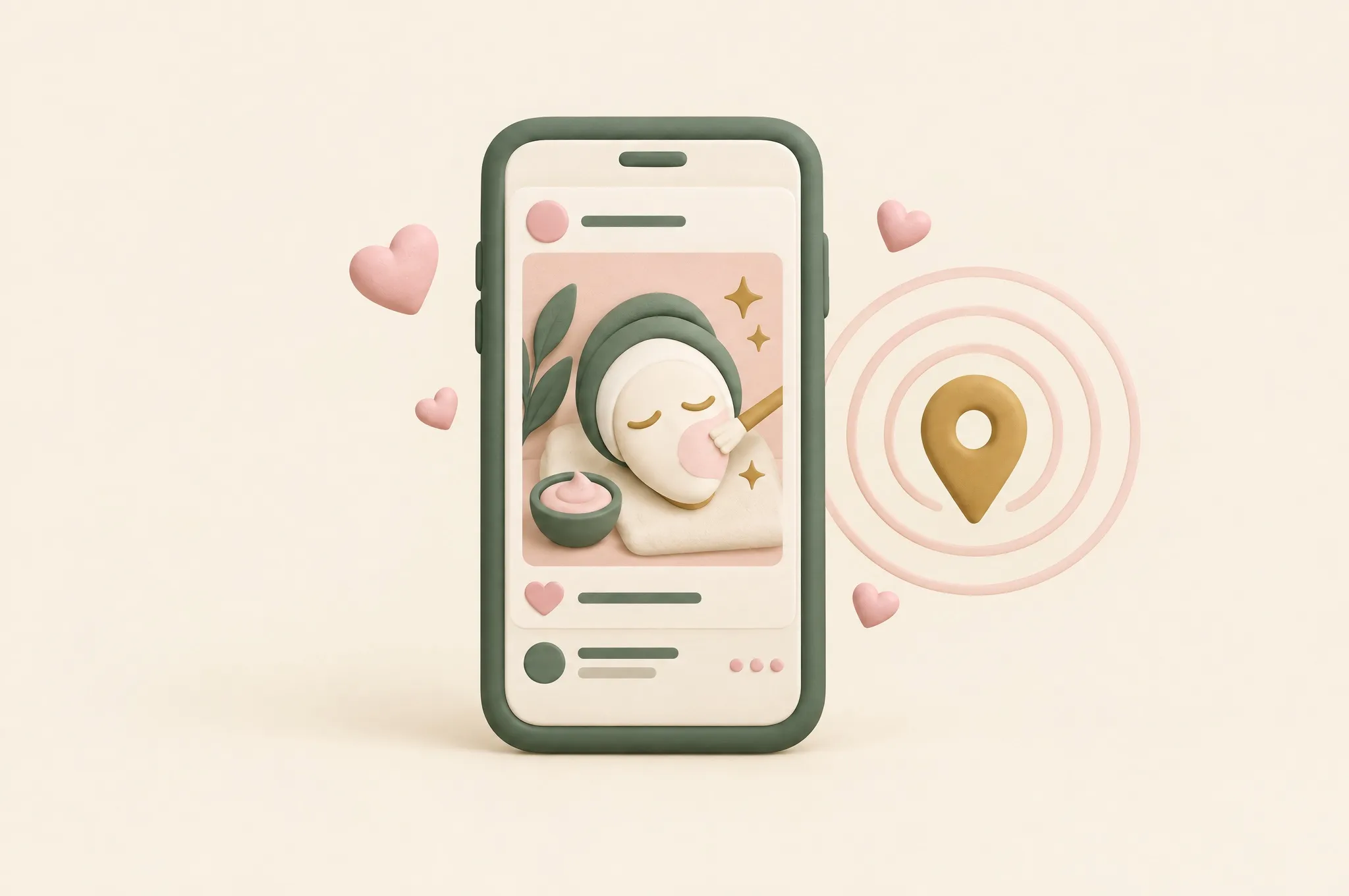 Illustration of a phone showing a facial treatment post, with hearts and a location pin reaching nearby clients