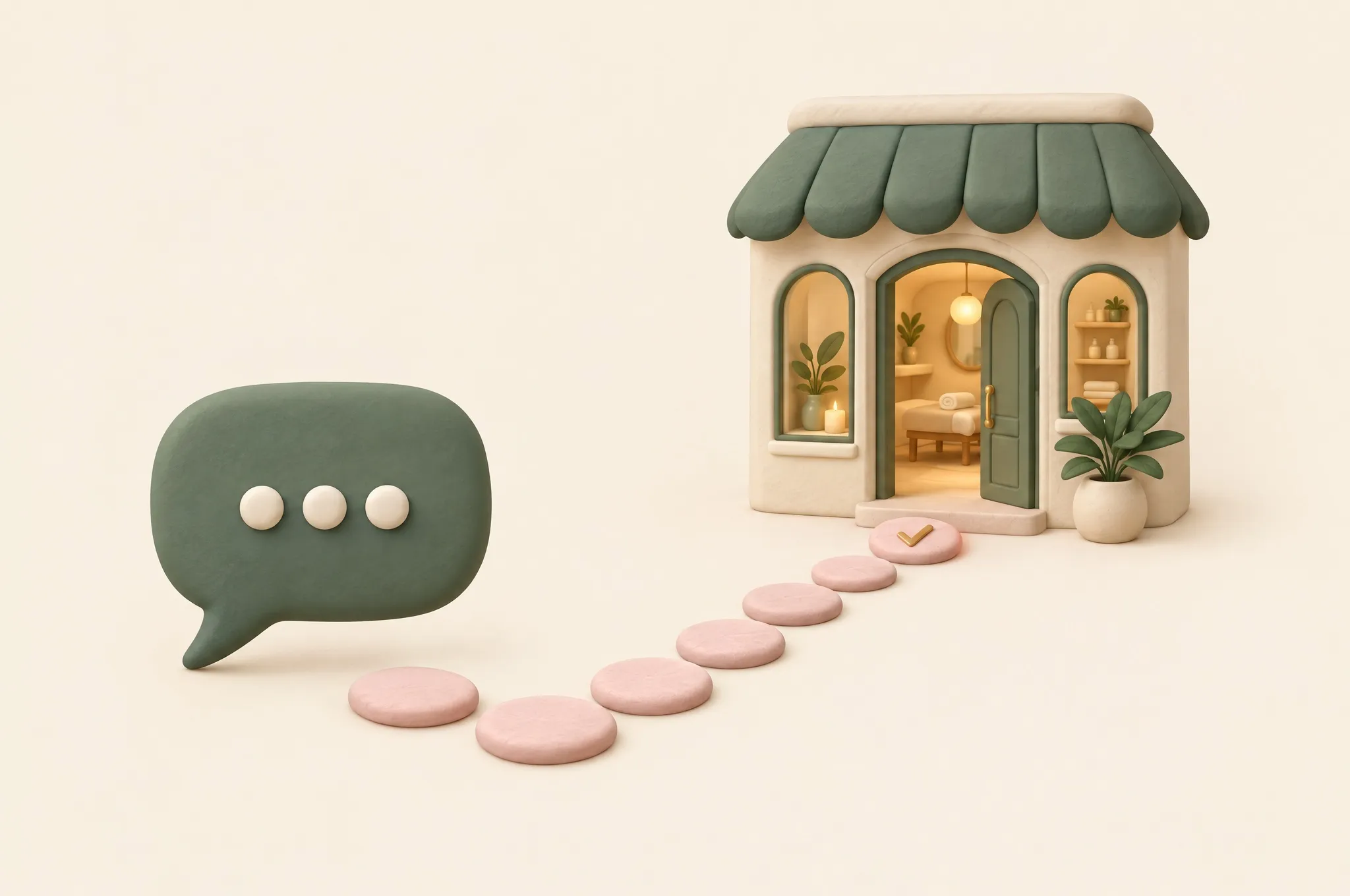 Illustration of a speech bubble with stepping stones leading to the open door of a small spa