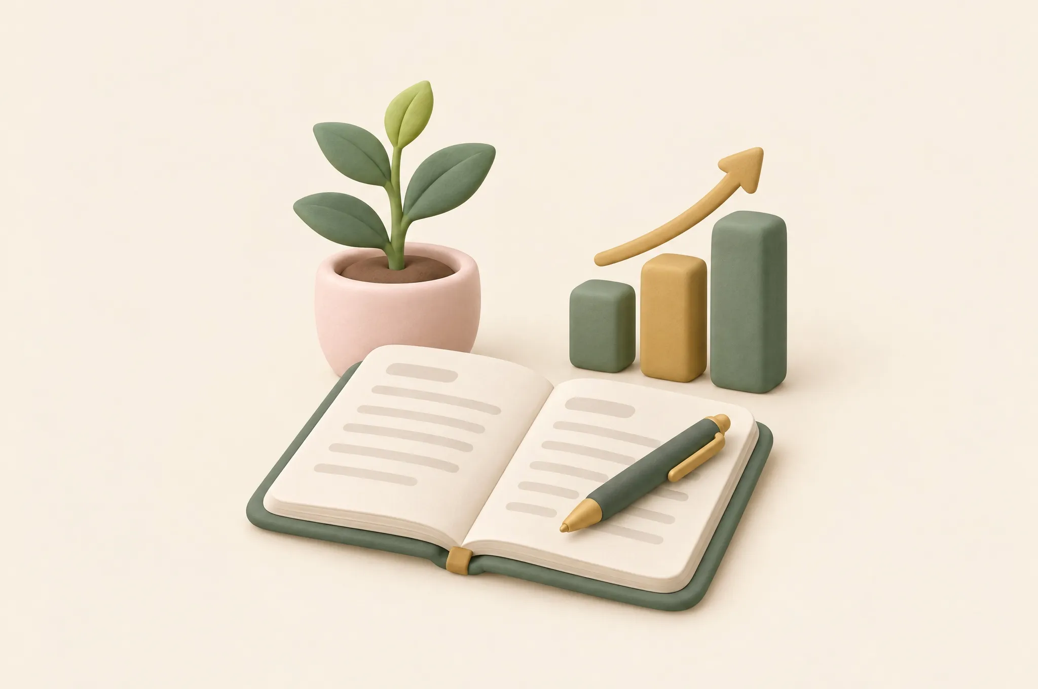 Illustration of an open planner, a sprouting plant, and a rising bar chart
