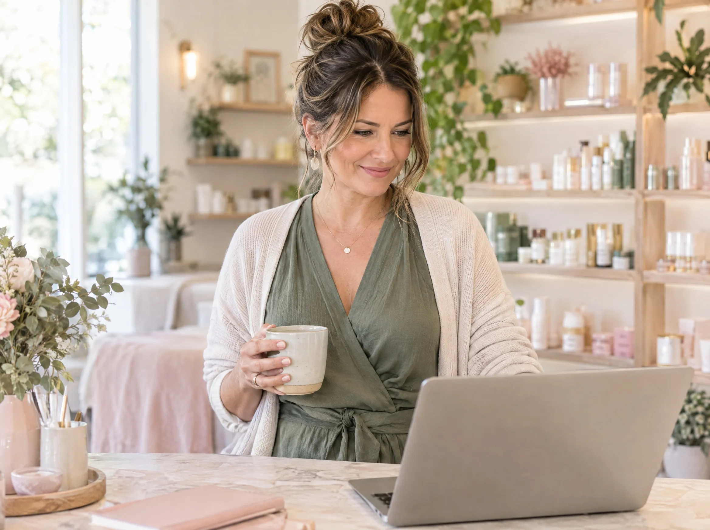 A beauty business owner at the front desk of her skincare studio, reviewing her laptop with a coffee
