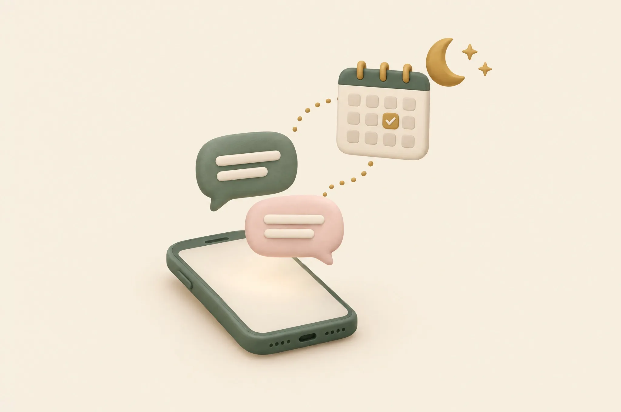 Illustration of chat bubbles rising from a phone at night and connecting to a booked calendar slot