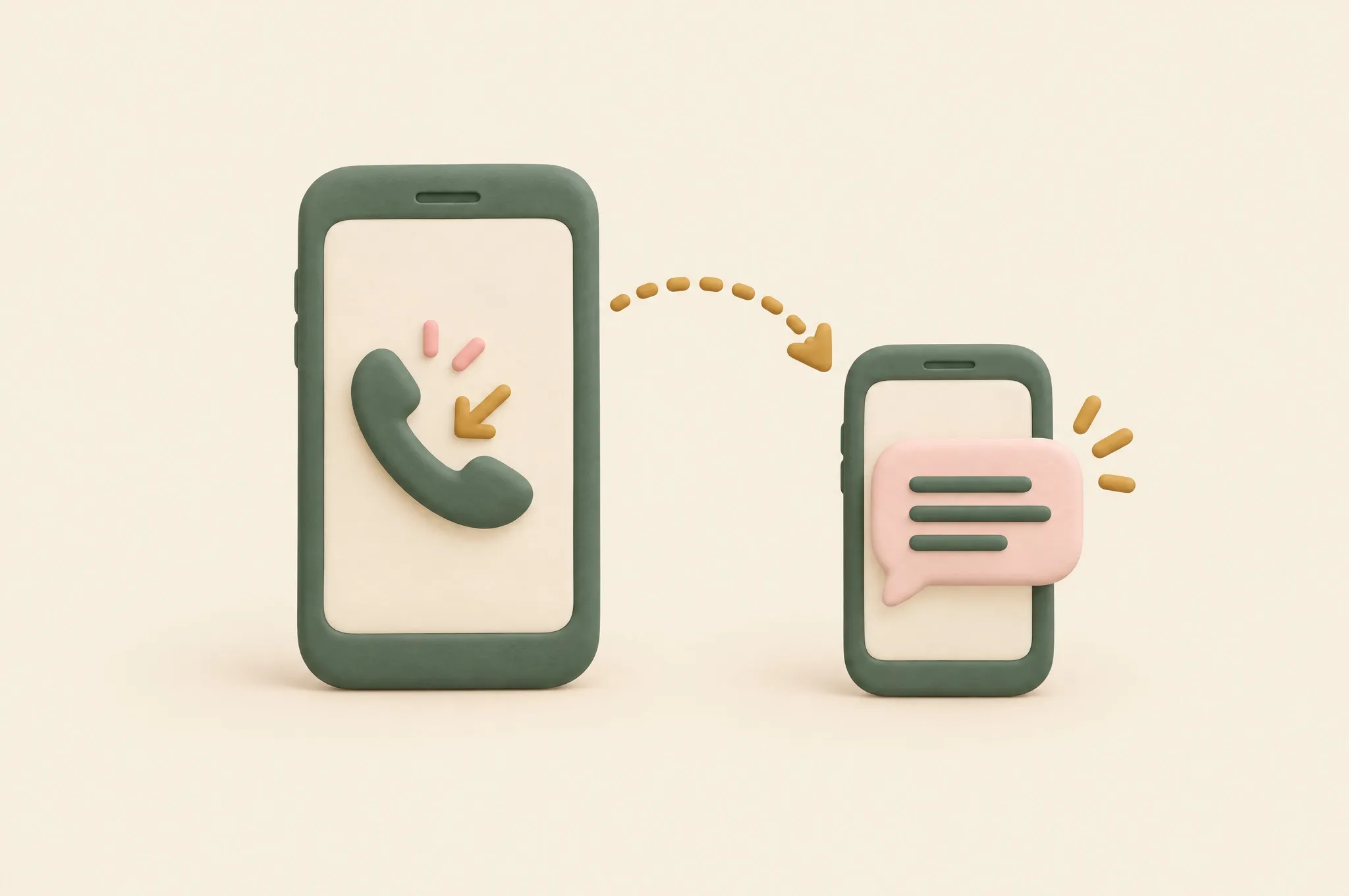 Illustration of a missed call on one phone becoming a text message on another