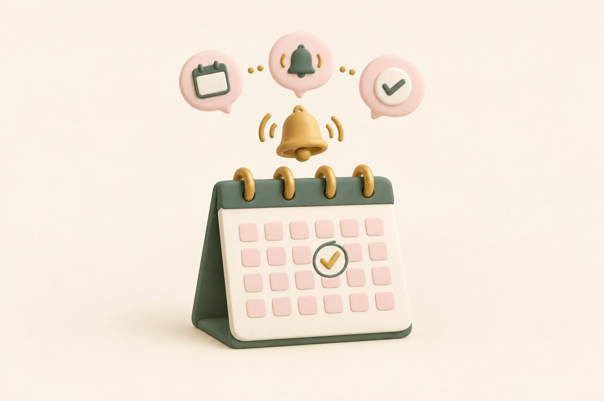 Illustration of a calendar with a ringing bell and reminder bubbles above a checked appointment