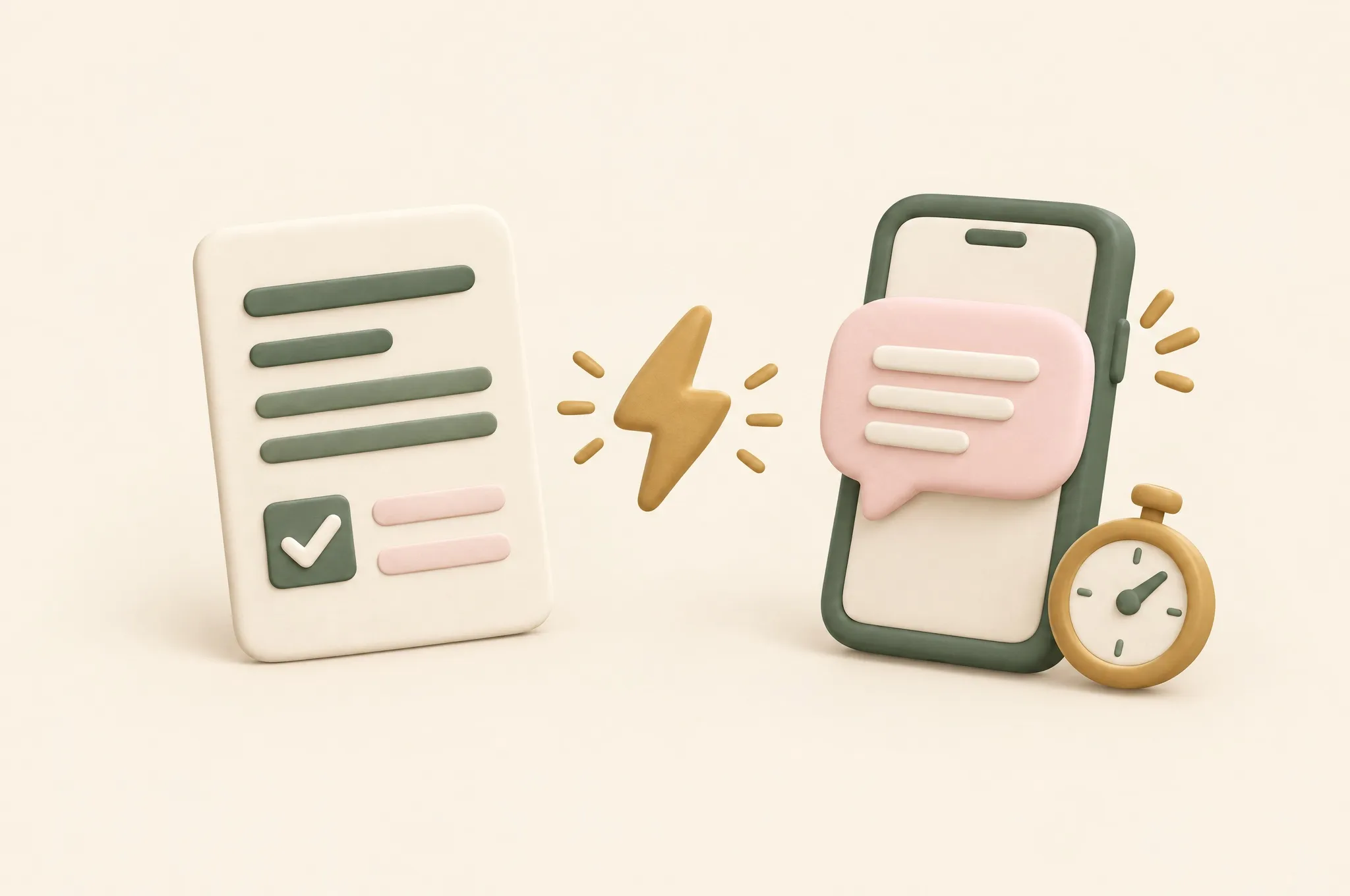 Illustration of an inquiry form, a lightning bolt, and a quick text reply with a stopwatch