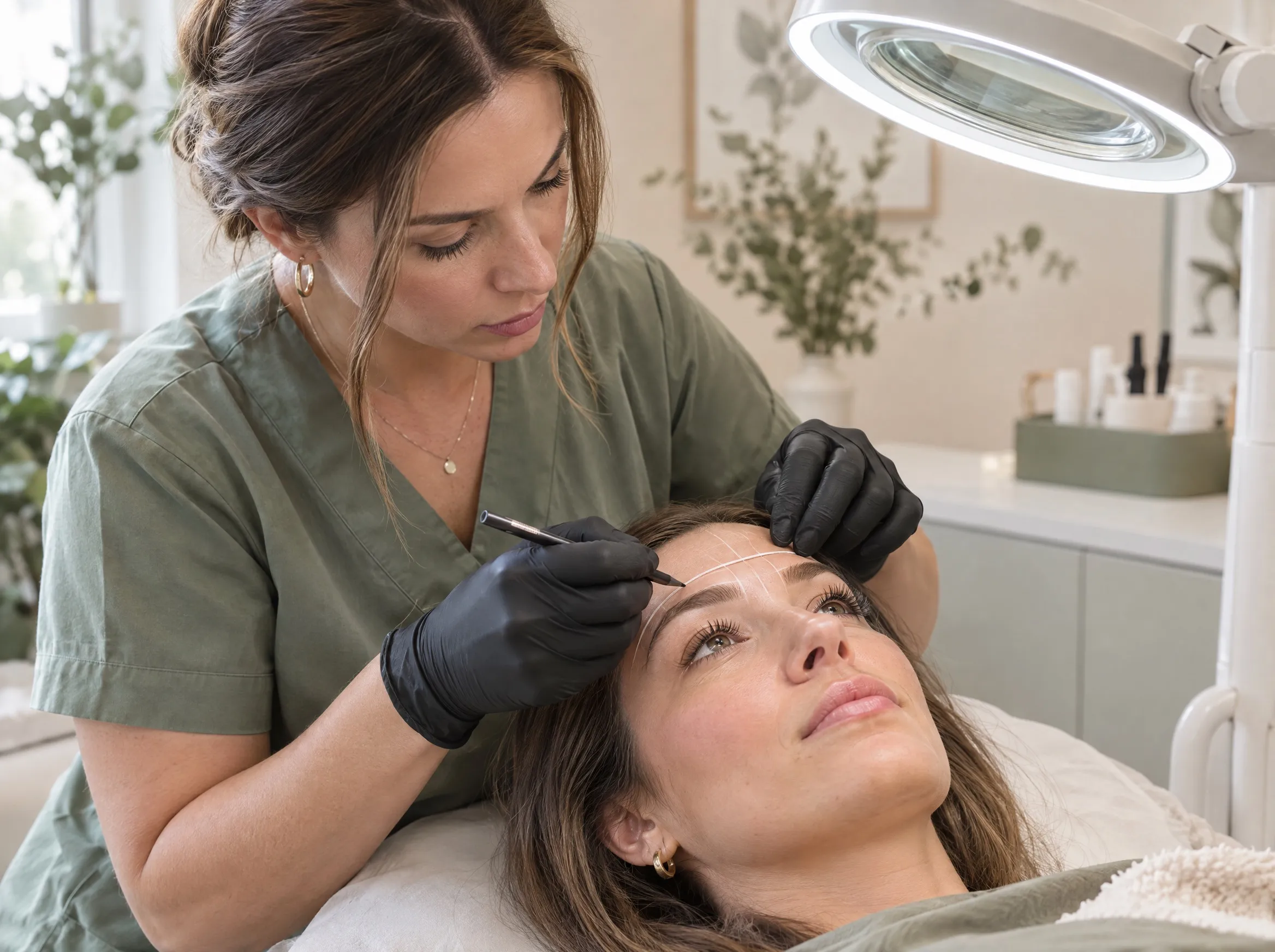 A permanent makeup artist in gloves mapping the shape of a client’s eyebrows before treatment