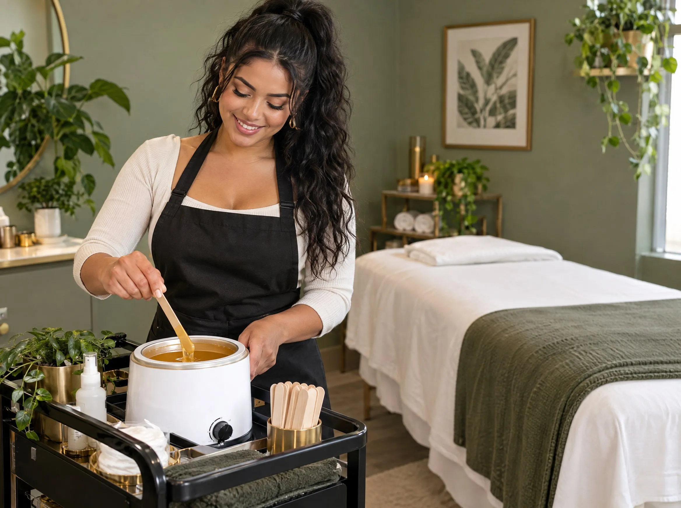 A smiling wax specialist stirring warm wax on her cart in a clean, modern wax studio